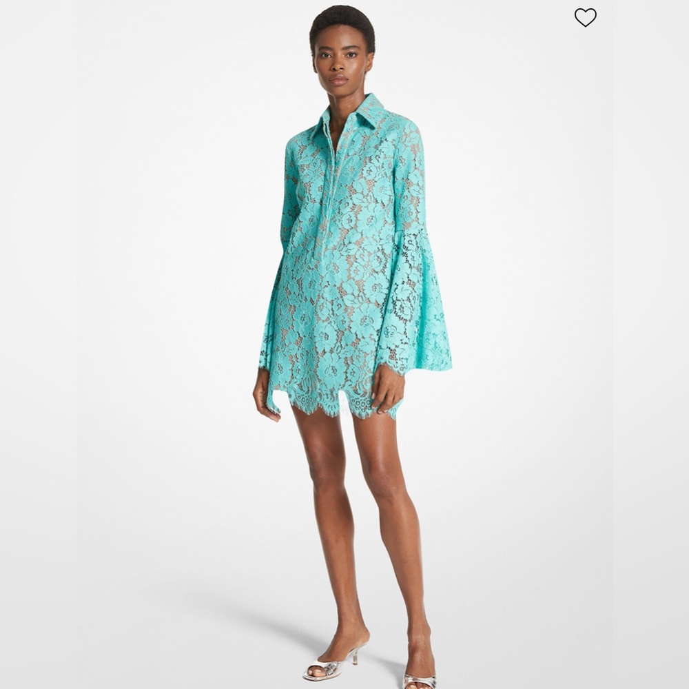 MICHAEL KORS COLLECTION. Seafoam Floral Lace Bell-Sleeve Shirtdress size 10.